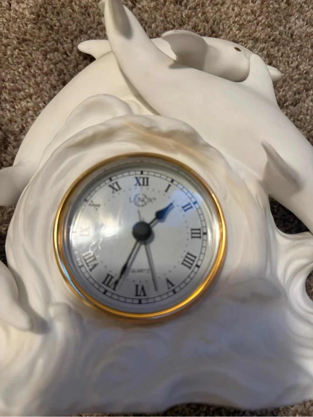 Vintage Lenox White Dolphin Wave Mantel Clock & dance dolphin figurinGold Accent